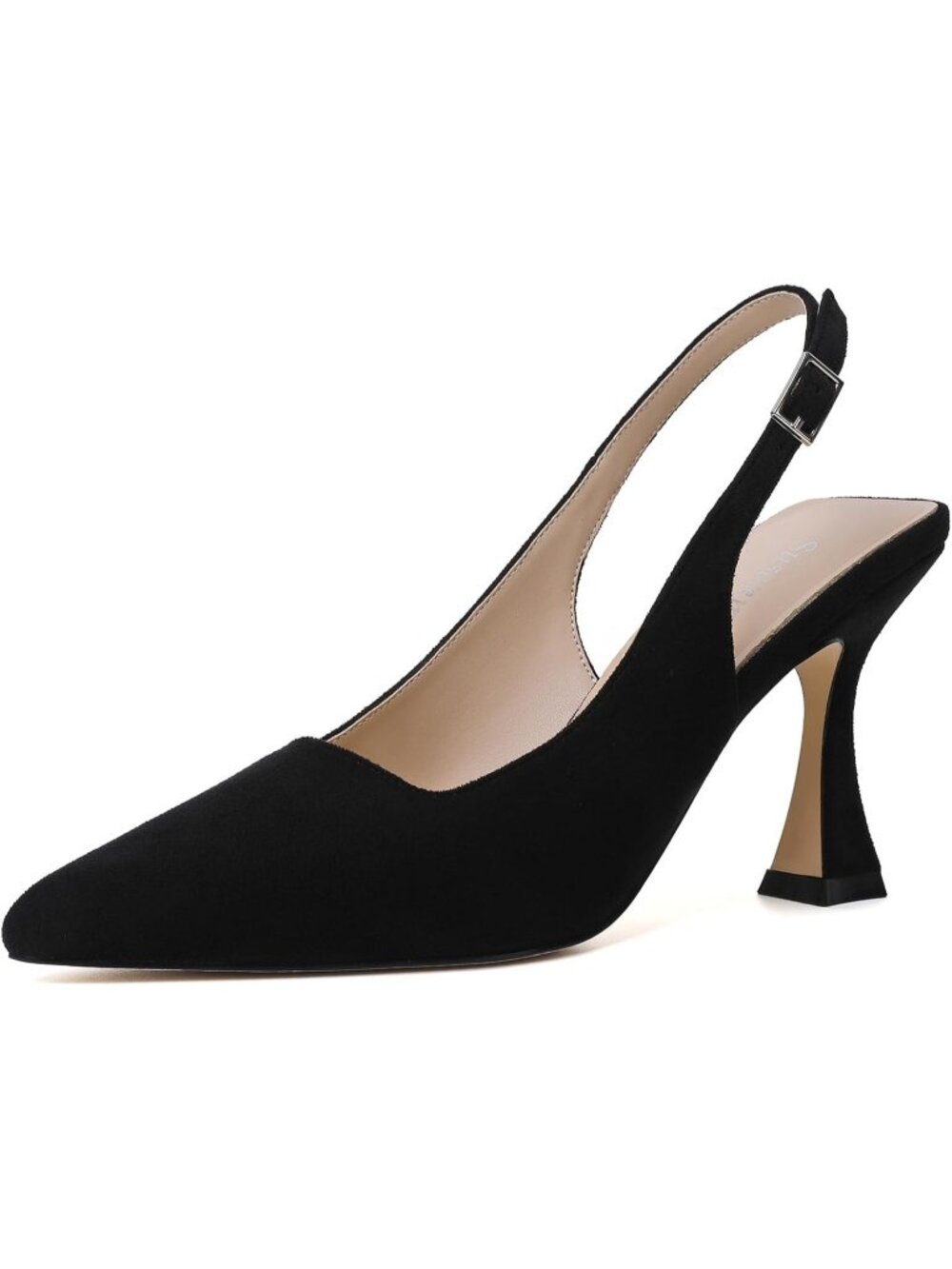 Women's Black Suede Kitten Closed Pointy Toe Chunky High Heel Party Dress Shoes